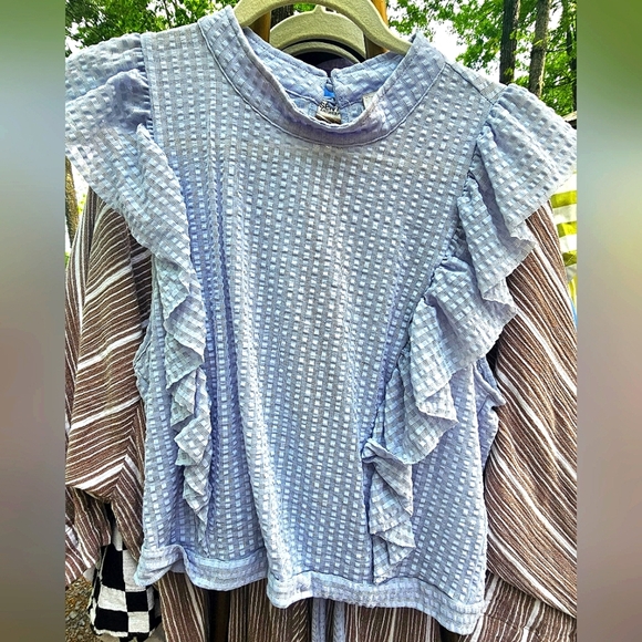 Maeve Cropped Ruffled Mesh Waffle Blouse - Picture 2 of 7